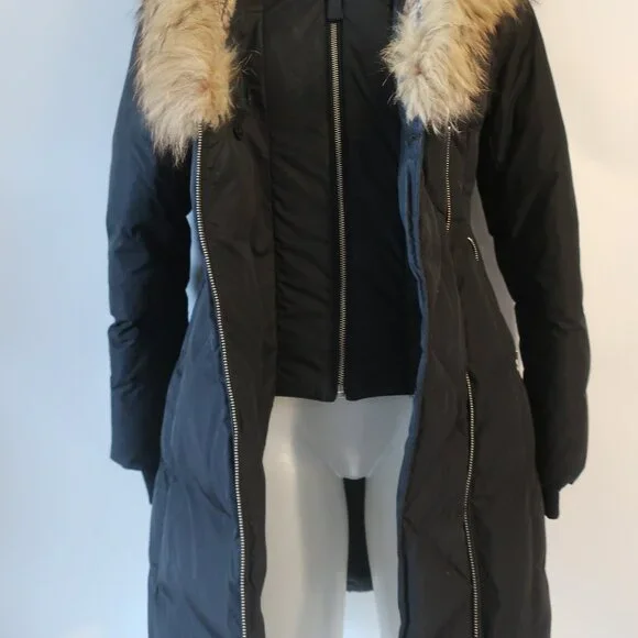 Womens Mackage Lavish Trish Black Fur Hood Trim Zip Duck Down Puffer Coat XS